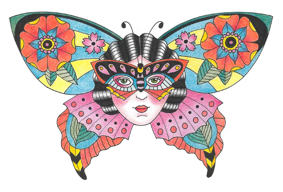 Old school Butterfly - Ink and Color Pencils